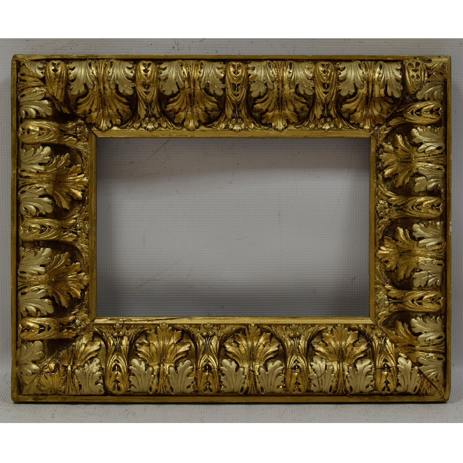 Ca.1850-1900 Old wooden frame decorative with metal leaf Internal: 12.9x8.4 in