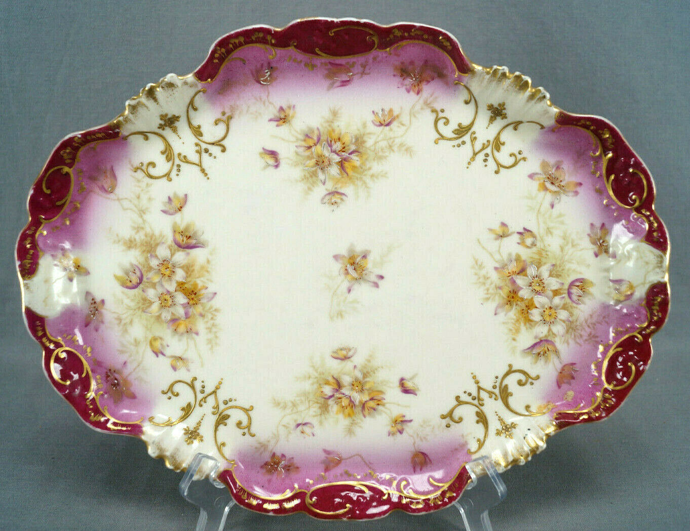 Limoges Straus White & Purple Floral Cranberry Cream & Raised Gold Dresser Tray