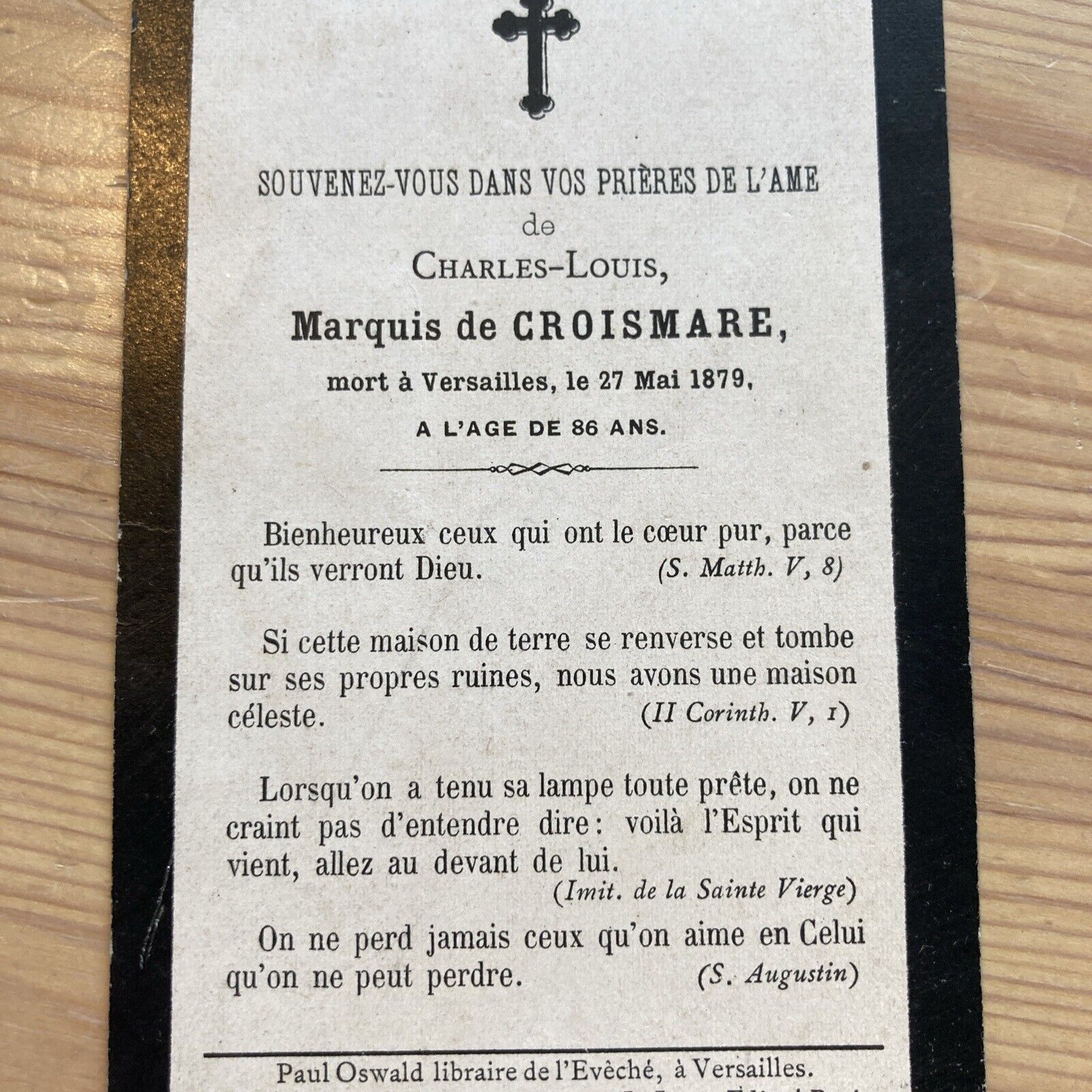 1879 Mourning Card Charles Louis, Marquis De Croismare, Versailles Died Aged 86
