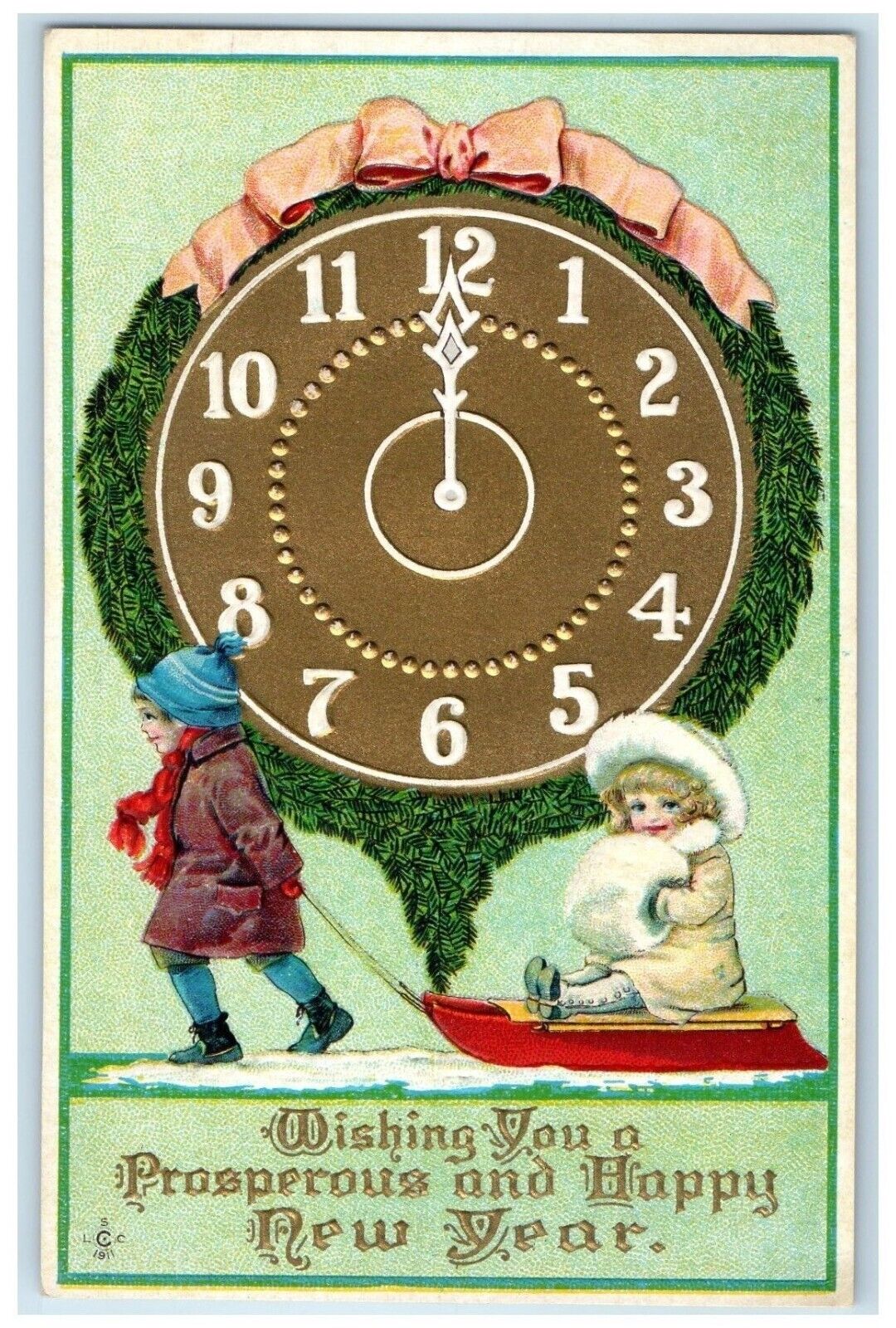 c1910\'s New Year Children Sled Handwarmer Giant Clock Embossed Antique Postcard