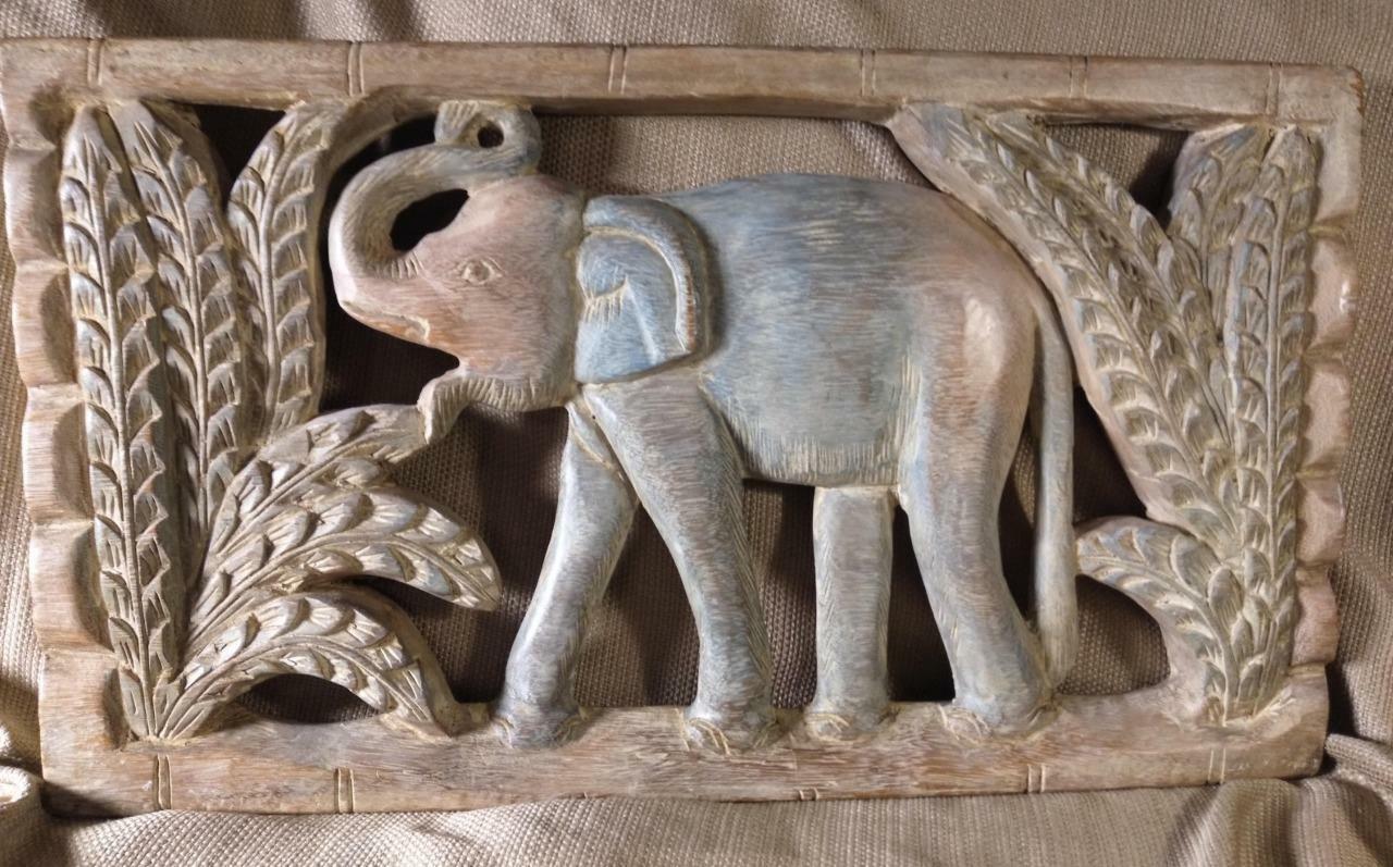 Carved Wood Wooden Carving Elephant Tropical Palm Trees Wall Plaque Jungle Art