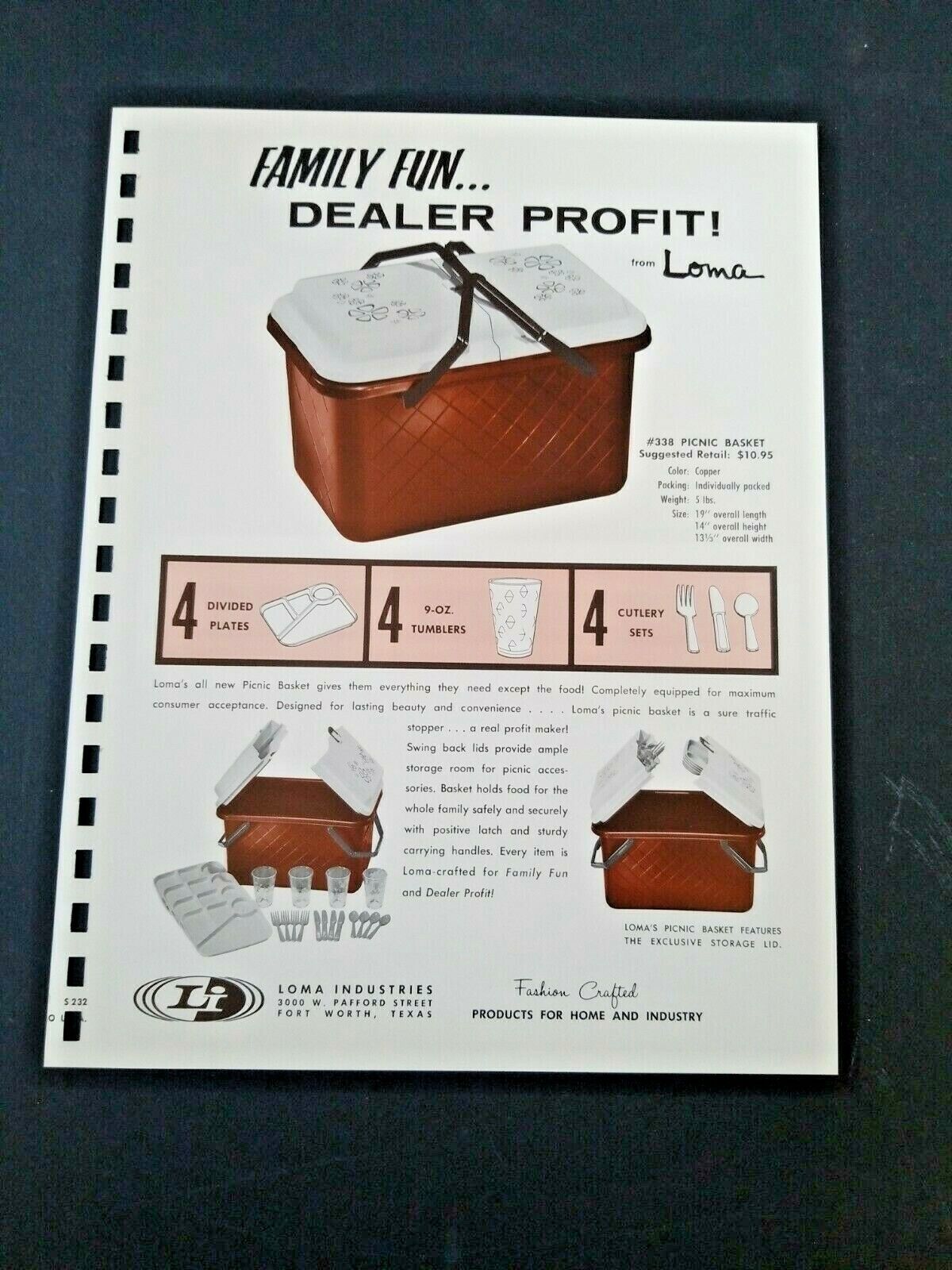 VINTAGE  LOMA PICNIC BASKET w/ DISHES ~ 1962 Pages from Manar Sales Catalog