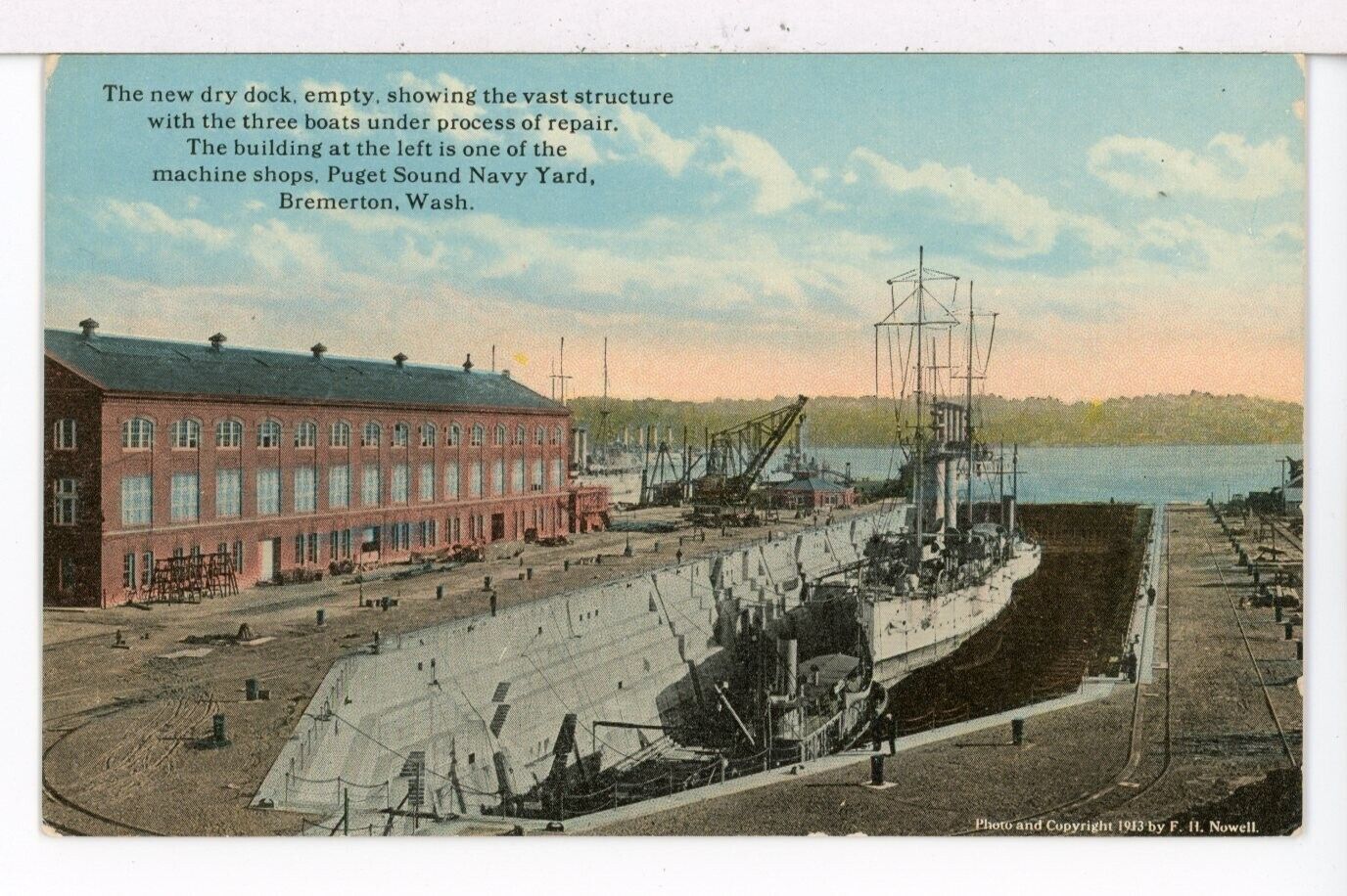 1913 Boats in New Drydock, Puget Sound Navy Yard, Bremerton WA Signed Postcard