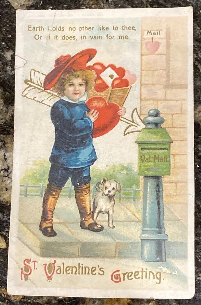 German Valentine Postcard International Art Publishing Posted 1912 Boy Heart Dog
