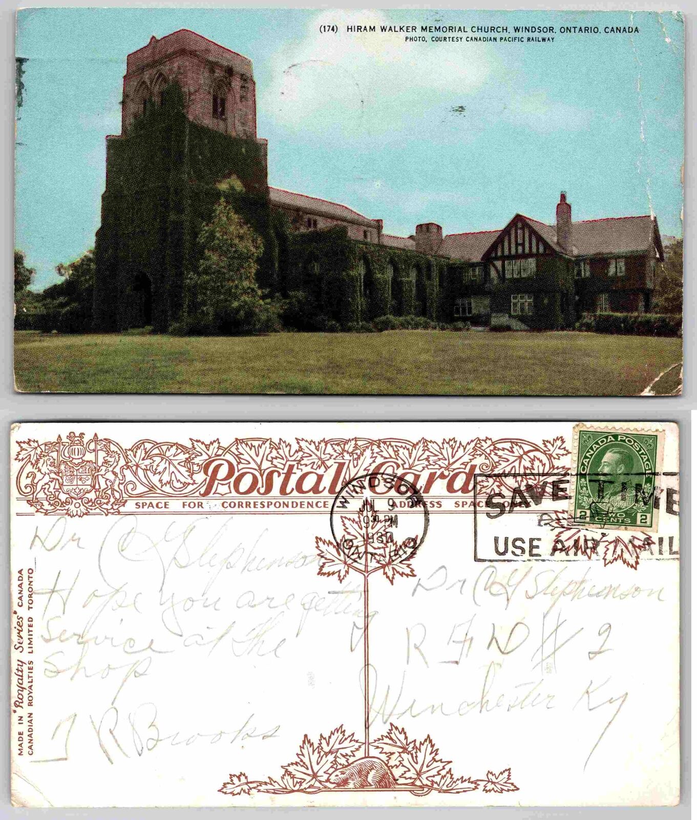 Vintage Postcard - Walkerville Ontario Canada - St. Mary\'s Memorial Church c1941