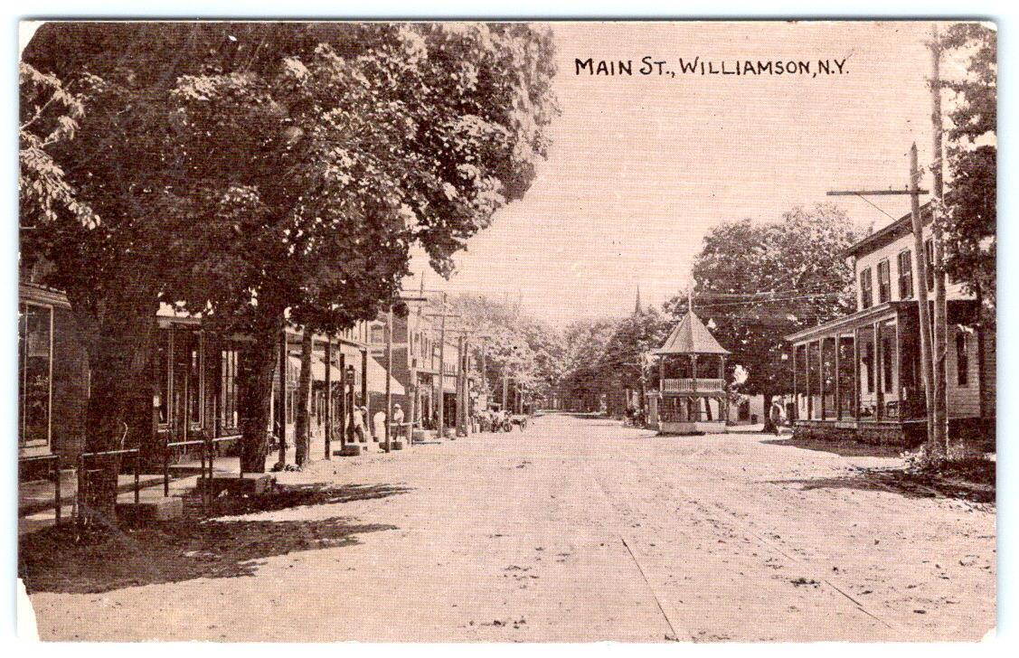 1913 WILLIAMSON NEW YORK NY MAIN STREET TROLLEY CAR TRACKS DIRT ROAD POSTCARD