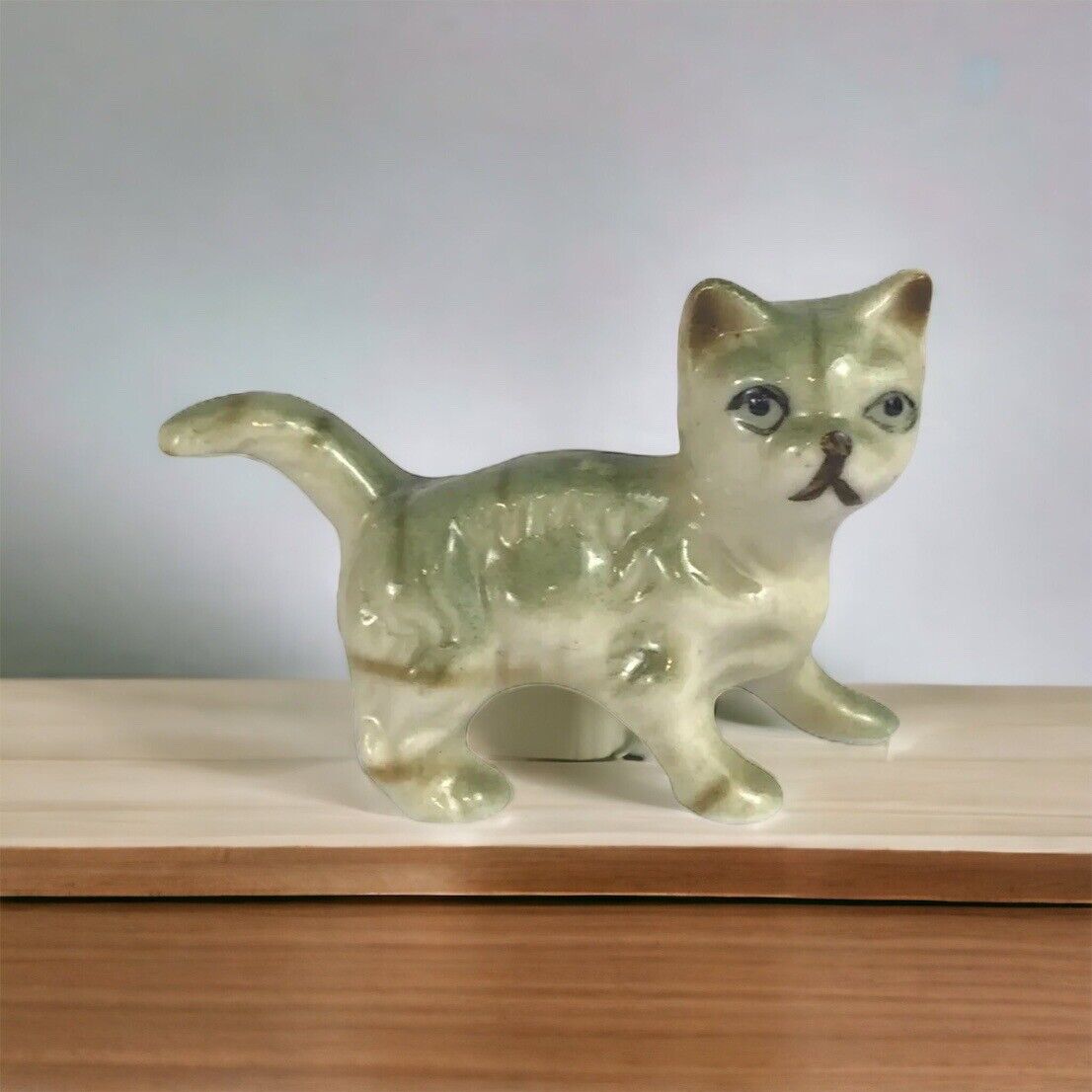 Cat-Kitten Figurine Striped Ceramic-Porcelain Hand Painted Green Beauty