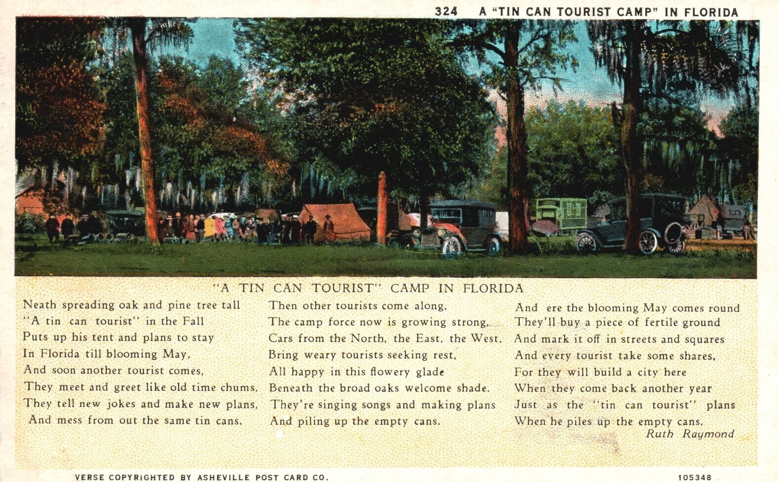 Vintage Postcard 1931 A Tin Can Tourist Camp Oak and Tall Pine Tree Florida Fla.
