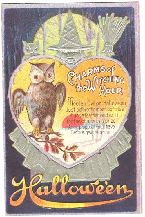 VINTAGE HALLOWEEN POSTCARD - CHARMS OF THE WITCHING HOUR   WITCH/OWL