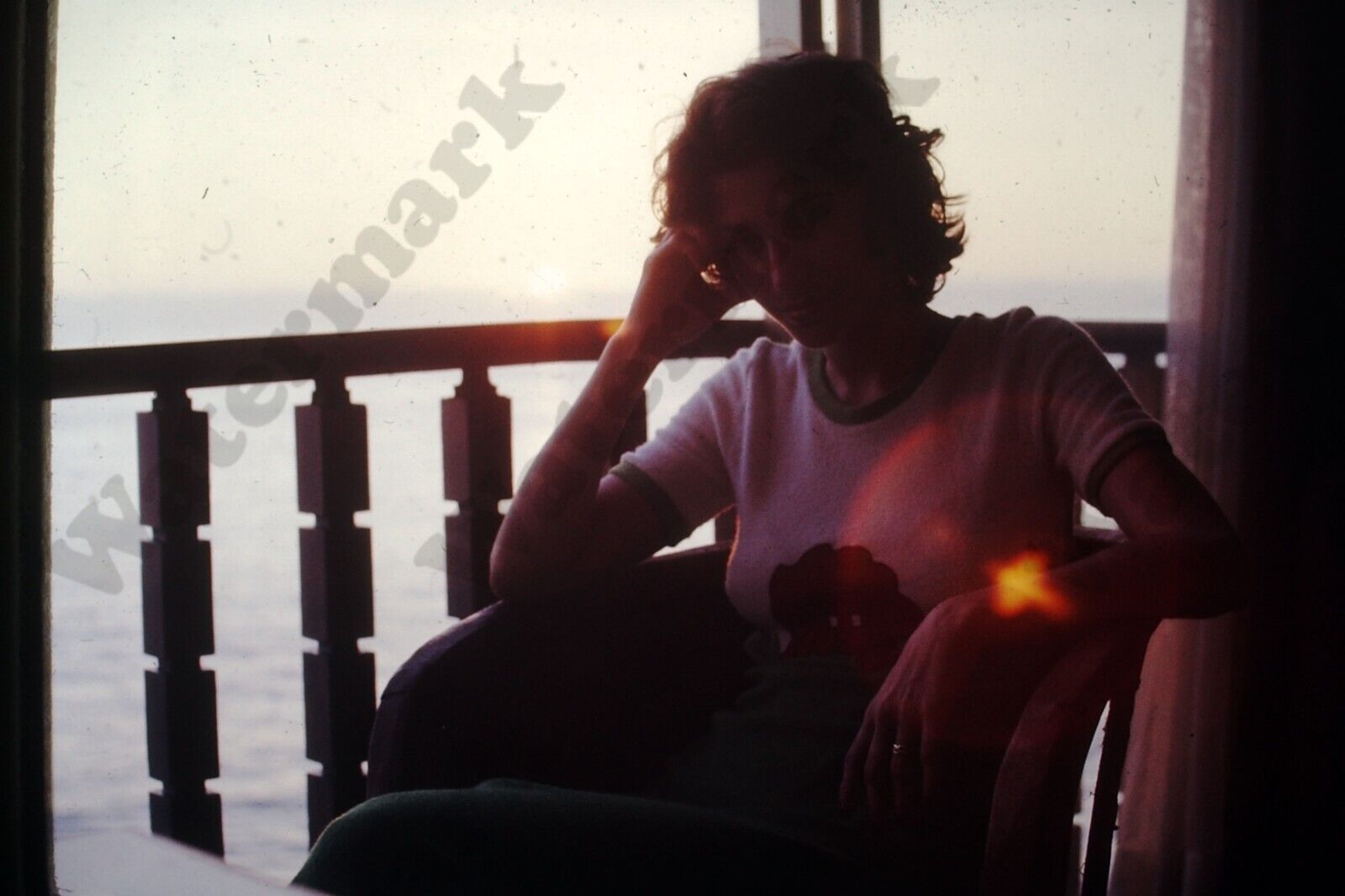 1975 candid of busty brunette woman in white shirt Vintage SLIDE A4m10