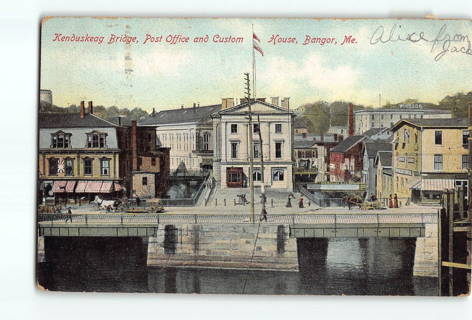 Old Vintage 1906 Postcard Kenduskeag Bridge Post Office Custom House Bangor ME
