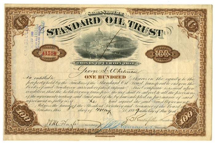 Standard Oil signed by Rockefeller and Flager; Transferred to Rockefeller - Stoc