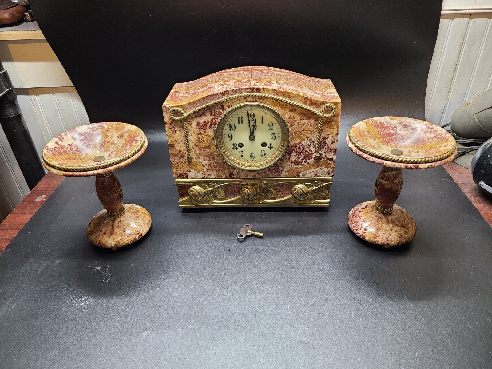 Antique Marble garniture Clock w/ 2 candle holders pink marble and brass