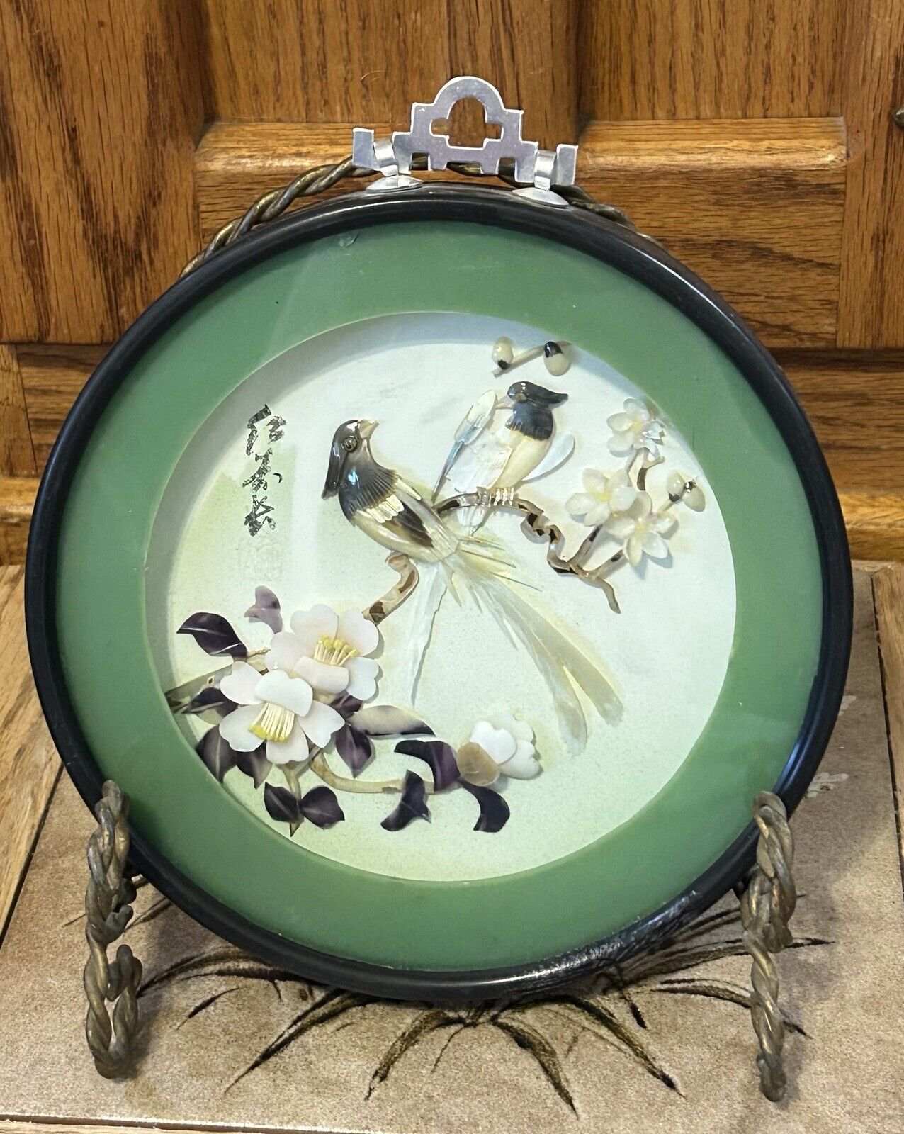 Vintage Asian Round Shadow Box Mother Of Pearl & Shell Wall Art Birds & Flowers