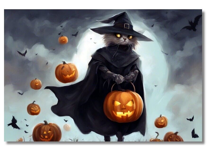 MAGNET-HALLOWEEN BLACK CAT IN WITCH COSTUME WITH PUMPKIN