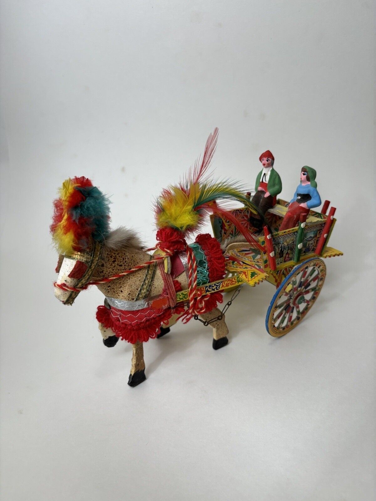 Vintage Italian Folk Art Souvenir Sicilian Wood Cart w Horse & People Italy