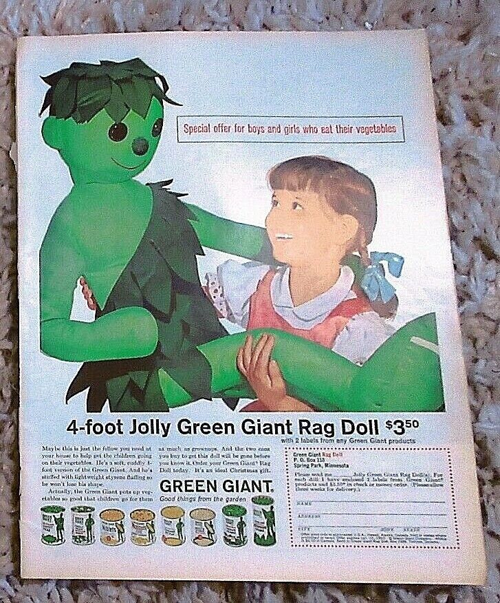 Vintage 1962 Green Giant Ad 4 Foot Jolly Green Giant Rag Doll Offer Print Ad
