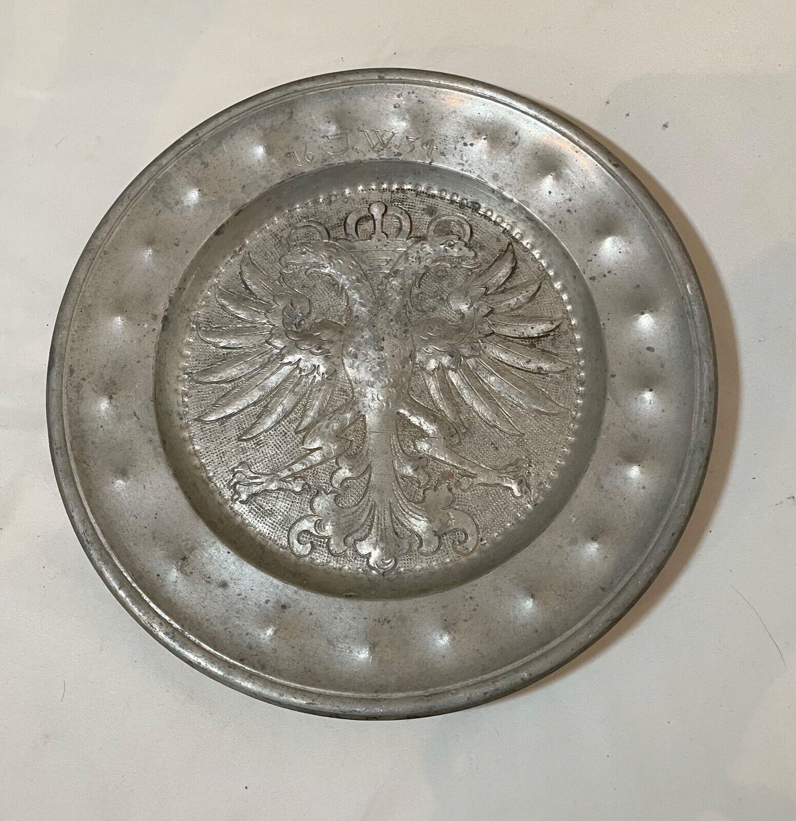 rare antique 1634 17th century engraved hand forged pewter eagle dinner plate