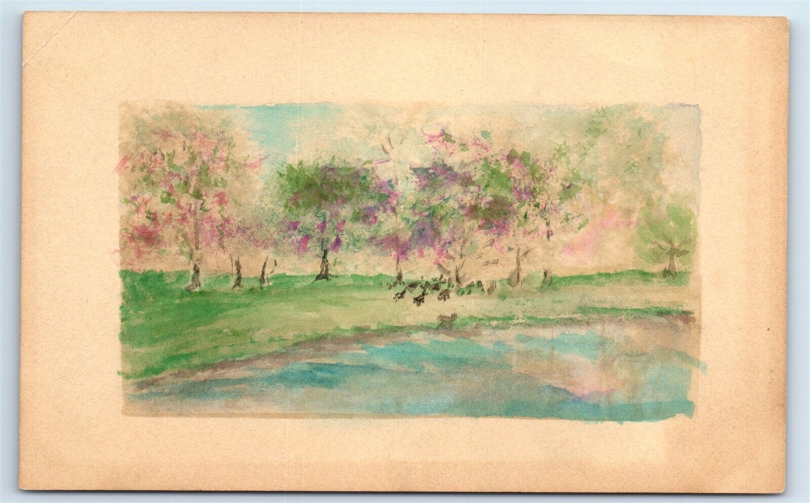 Postcard Hand-Painted Scene of Water, Green Grass and Trees J160