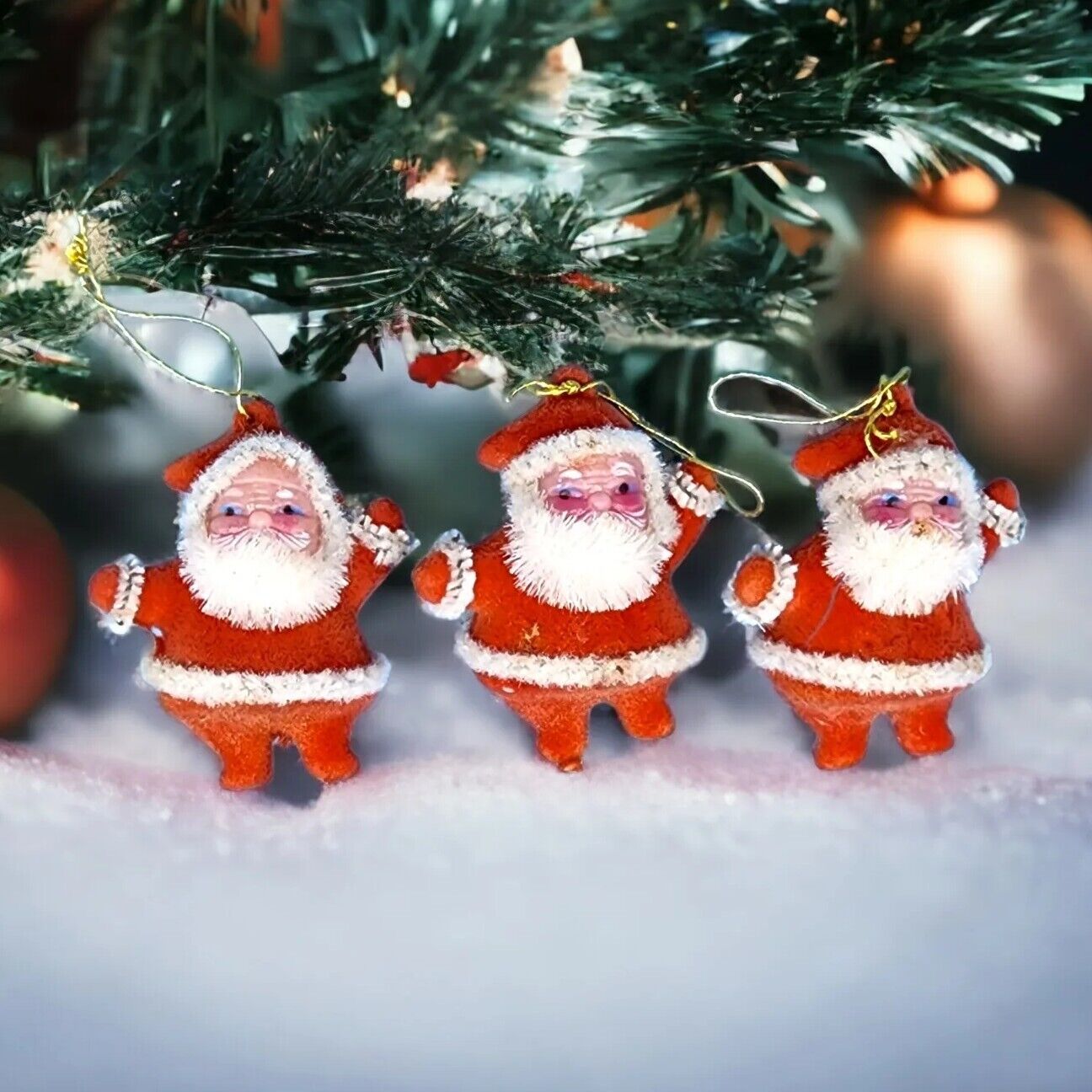 Vintage Miniature Flocked Dancing Santas Christmas Ornaments Lot Of 3 1950s