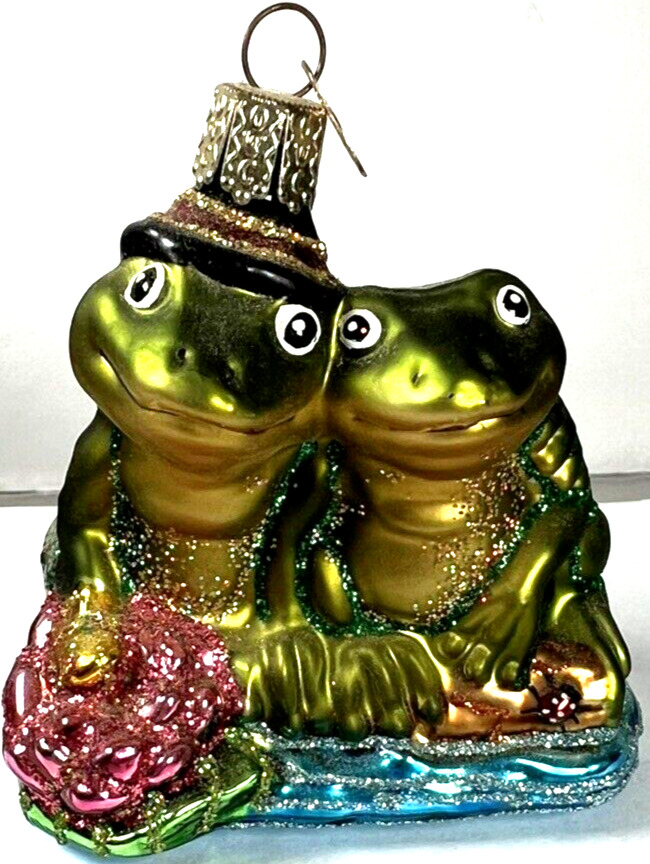 FROGGY LOVE OWC Two Frogs hugging Blown Glass Ornament Vingage Merck