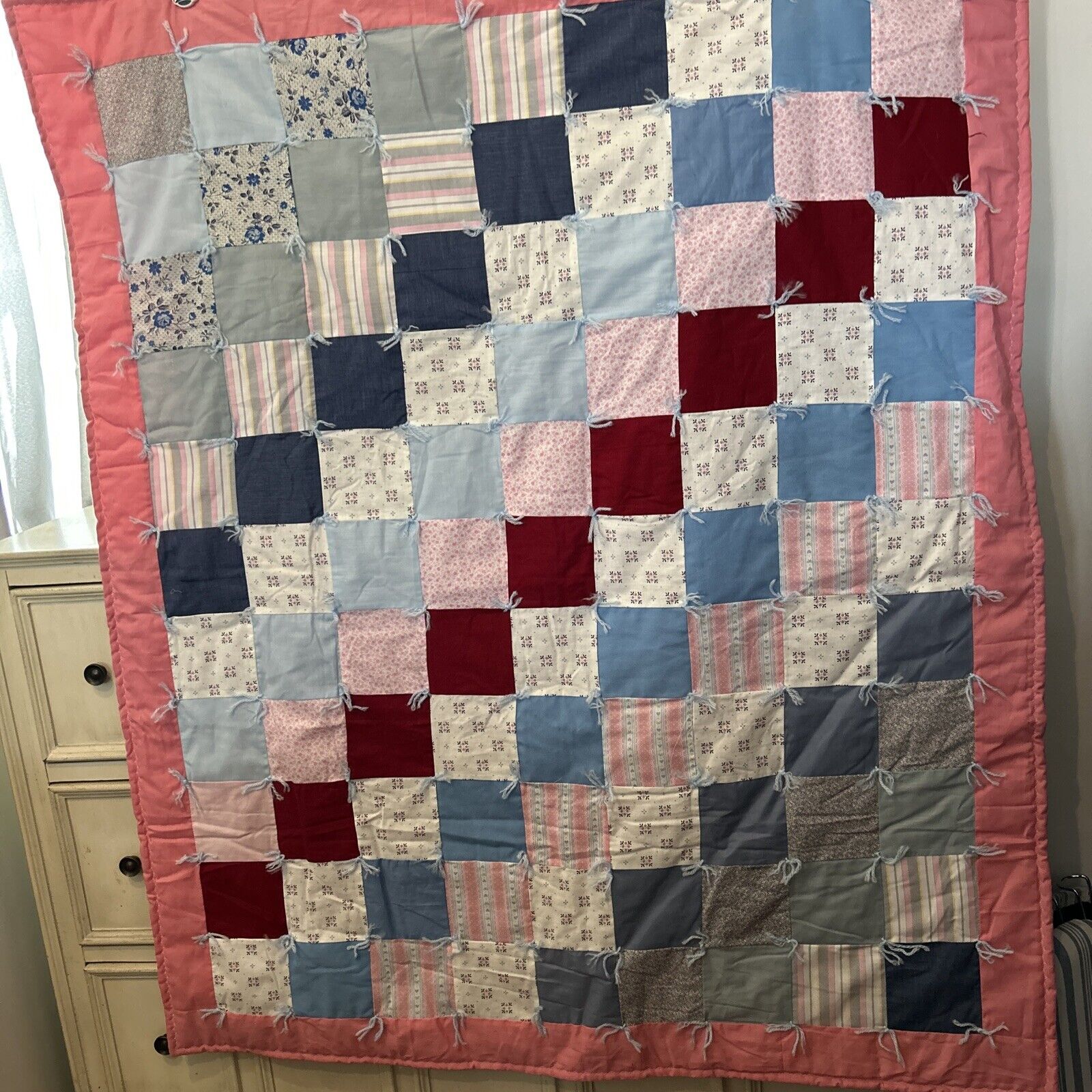 Knotted Pinks & Blues Amish Quilt Wall-Hanging 40” by 48” New