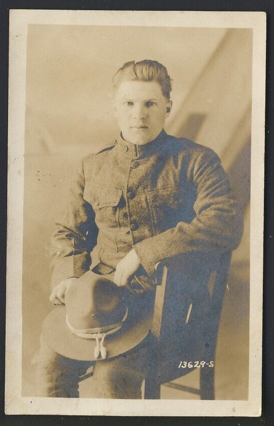 WWI US Soldier holds his hat - AZO c.1910-1930 STUDIO real photo postcard RPPC