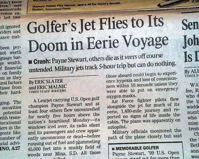 PAYNE STEWART Professional PGA Tour Golfer Airplane Crash KILLED 1999 Newspaper