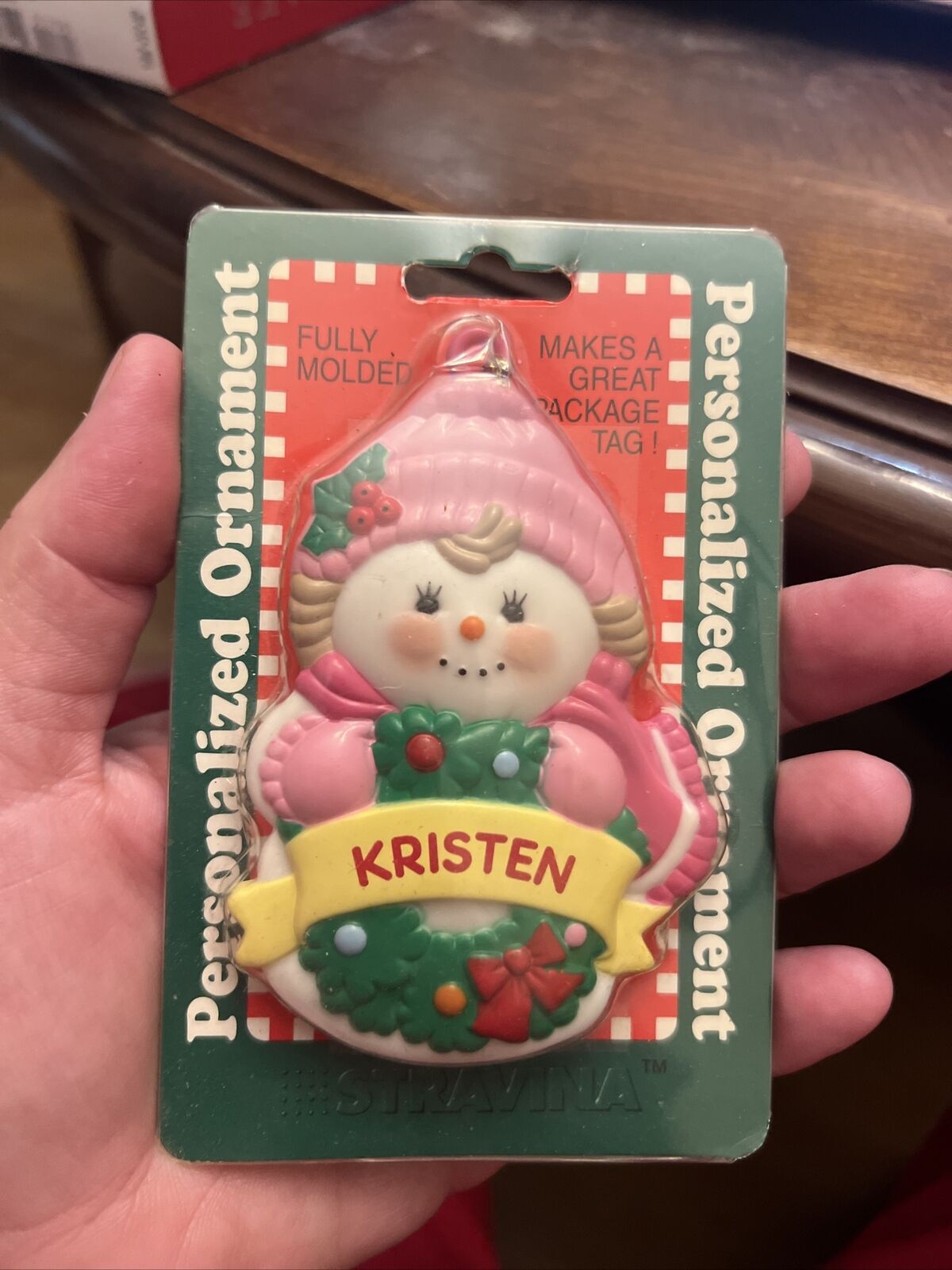 Stravina Snowgirl Personalized Ornament KRISTEN Pink Fully Molden Package Tag
