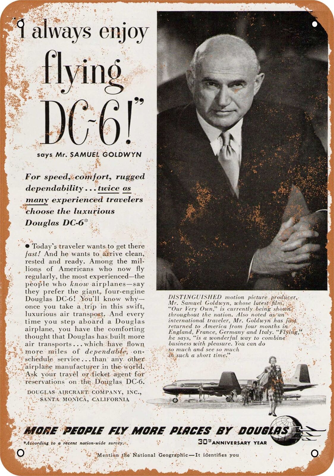 Metal Sign - 1950 Samuel Goldwyn for Douglas DC-6 -- Vintage Look