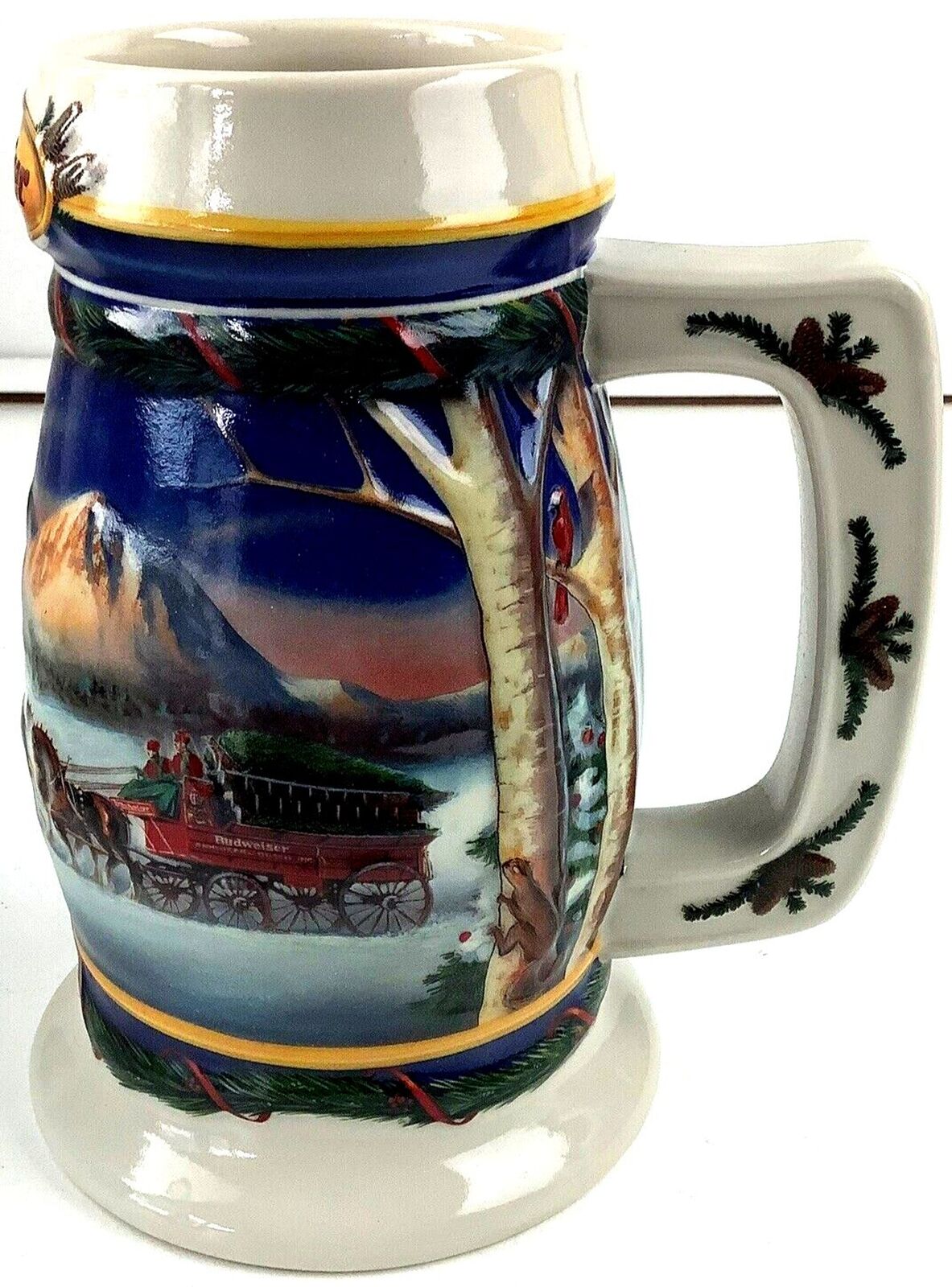 2000 Budweiser Christmas Holiday Beer Stein Holiday In Mountains In Original Box