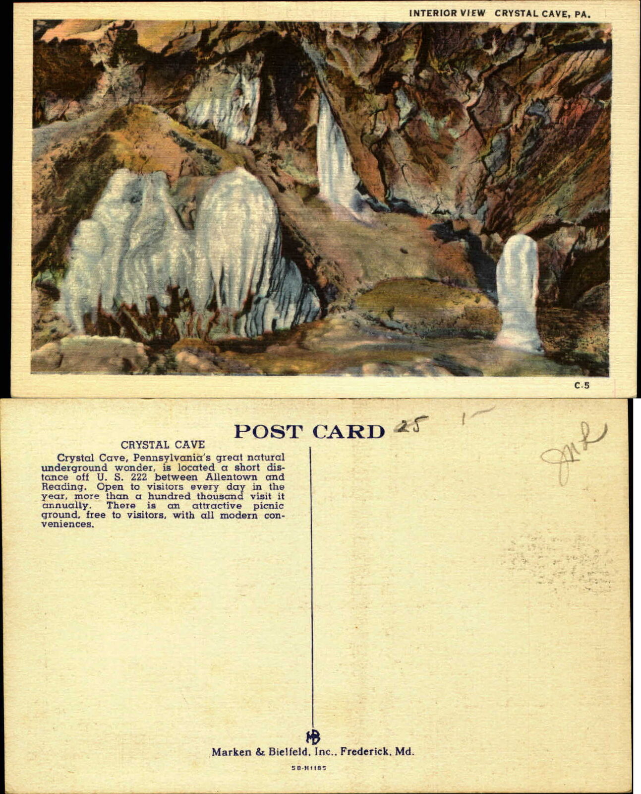 Interior view of Crystal Cave Pennsylvania PA ~ vintage linen postcard sku323