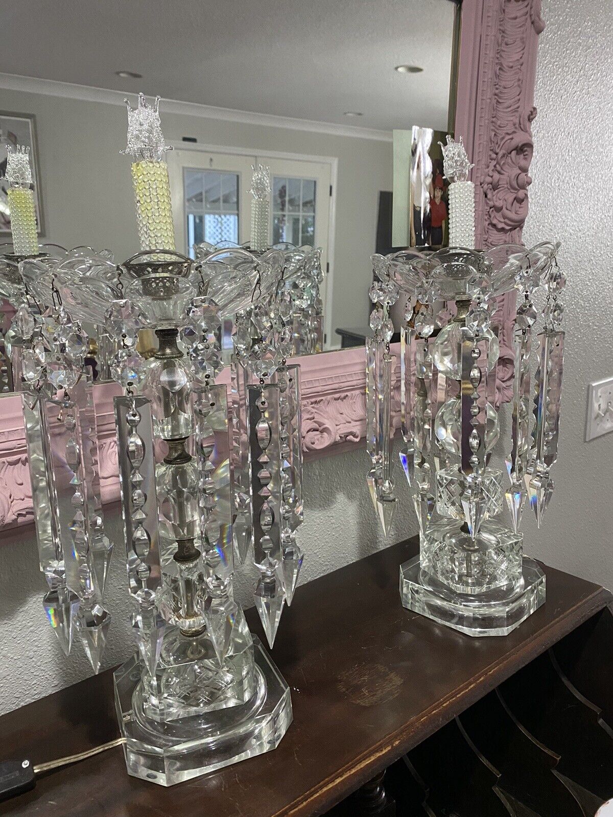Pair Very Large Crystal Mantle Chandelier Lights With Spears