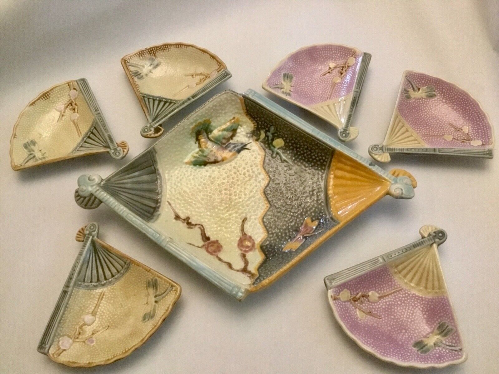 Rare Antique Eureka Pottery Majolica Fan and Bird Ice Cream Set c.1800\'s