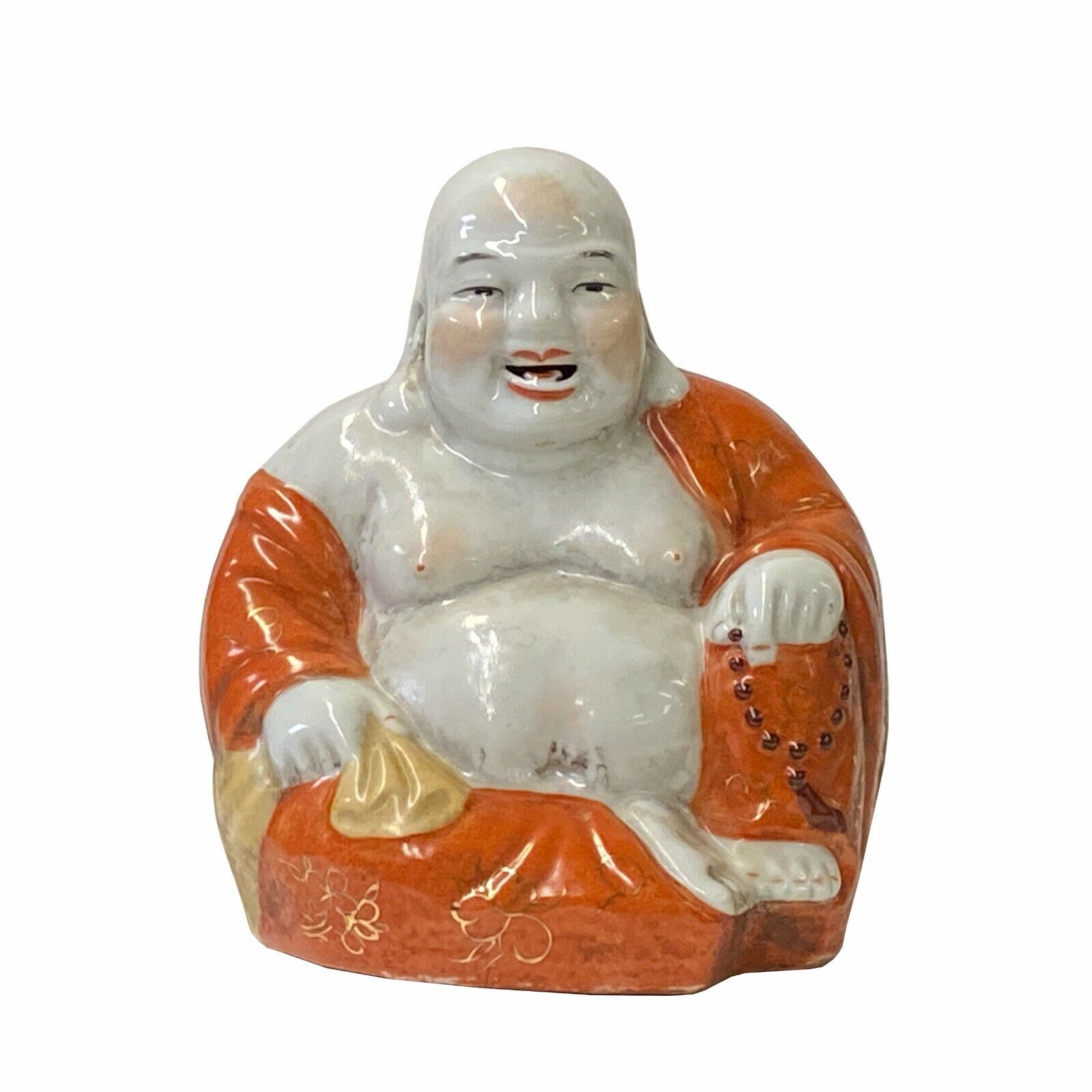 Vintage Finish Orange Off White Porcelain Happy Buddha Statue ws1585