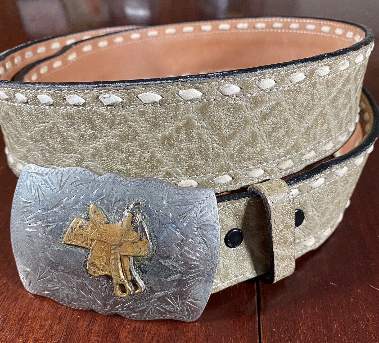 Tony Lama Western Leather Belt With Renalde Saddle Solid Nickel Buckle