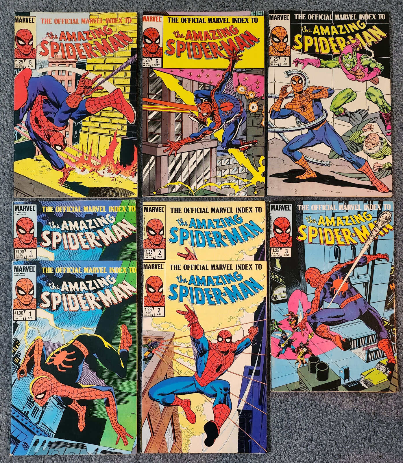 OFFICIAL MARVEL INDEX TO THE AMAZING SPIDER-MAN #1(2),2(2),3,5-7 Lot of 8 1985