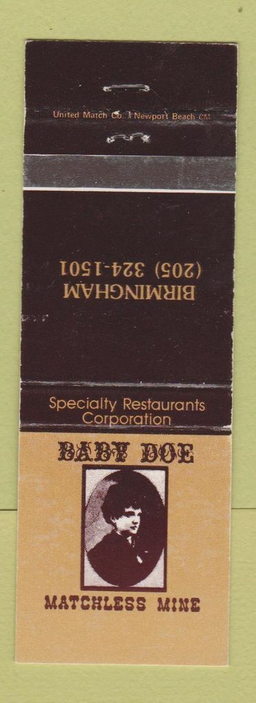 Matchbook Cover - Baby Doe Restaurants Birmingham AL