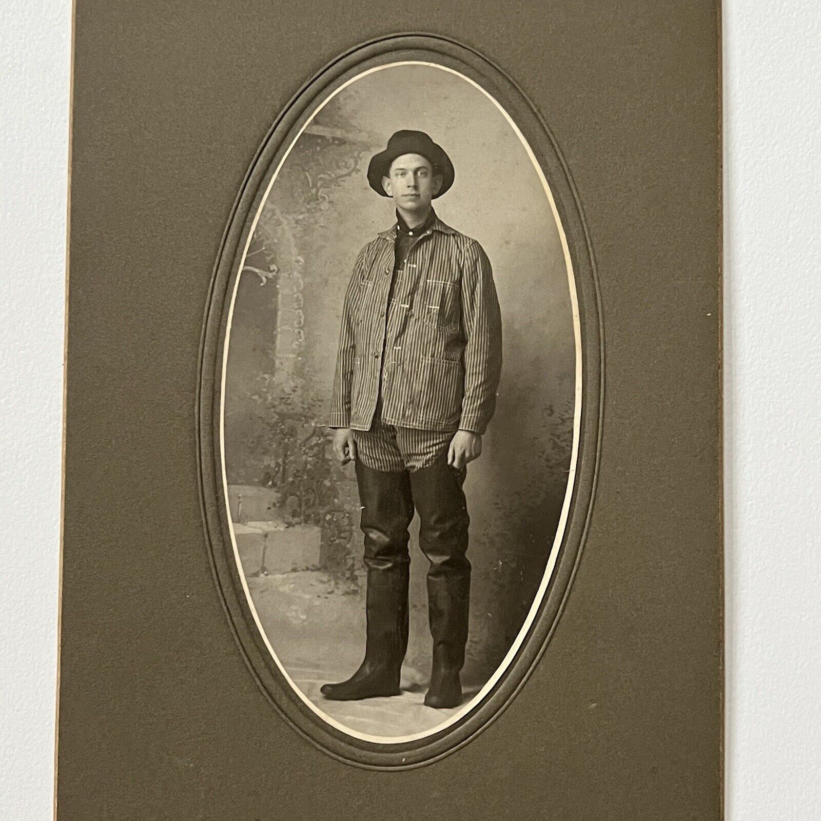 Antique Cabinet Card Photograph Handsome Man Wader Boots Occupational Fisherman