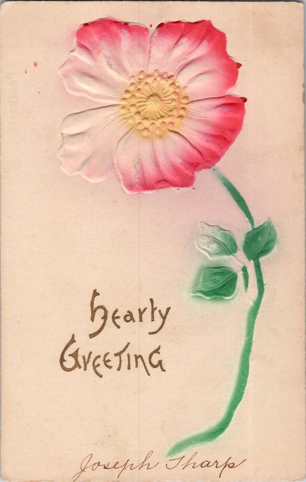 Antique Embossed Postcard Unposted 1910s Hearty Greeting Flower Love Airbrush