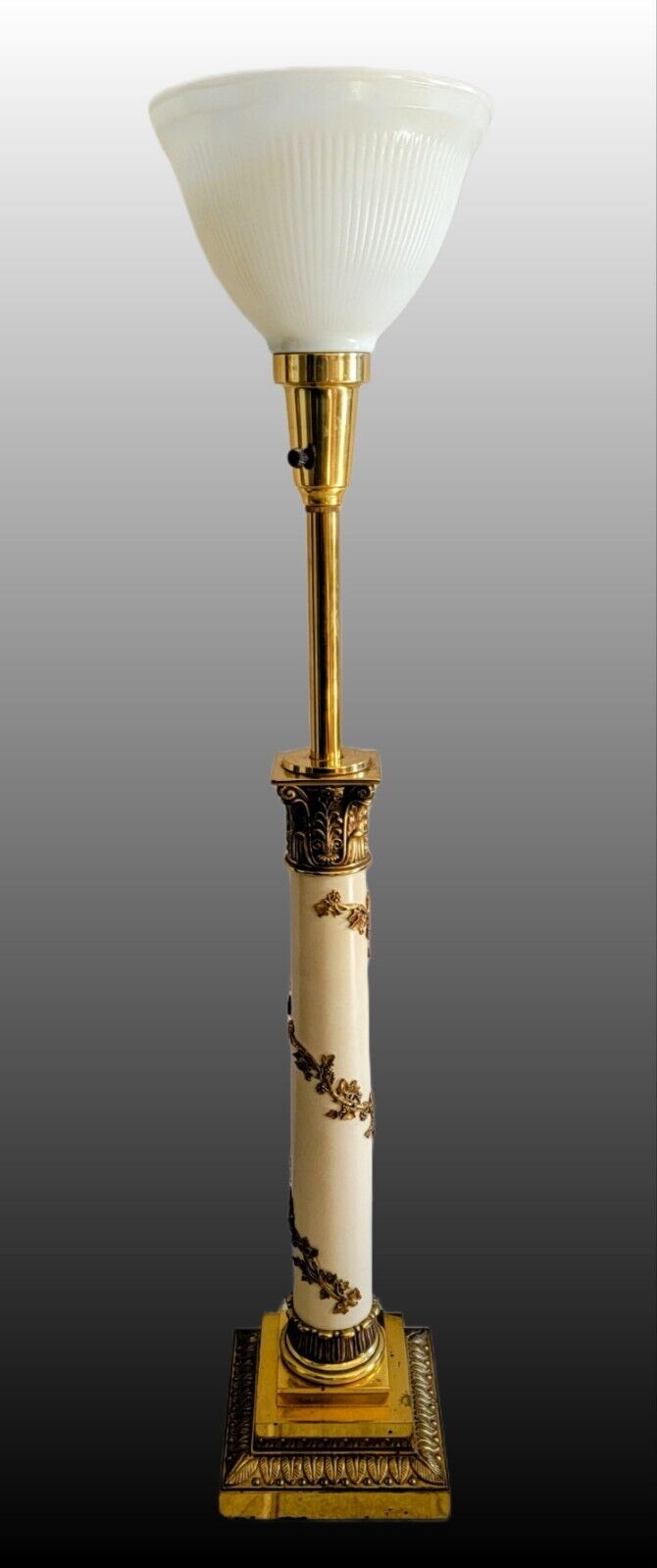 VTG White Neoclassical Column Stiffel Torchiere Enamel & Brass Tall Table Lamp