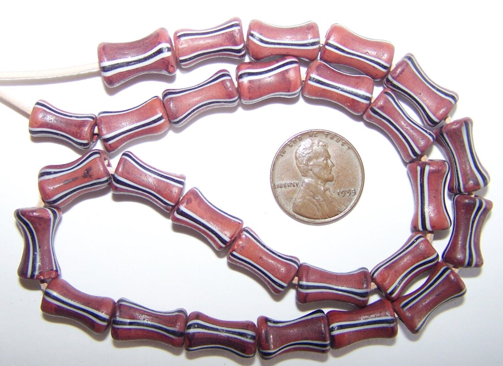 Antique Venetian Trade Beads - Brick Red /Brown Striped Dogbones- Rare Shape