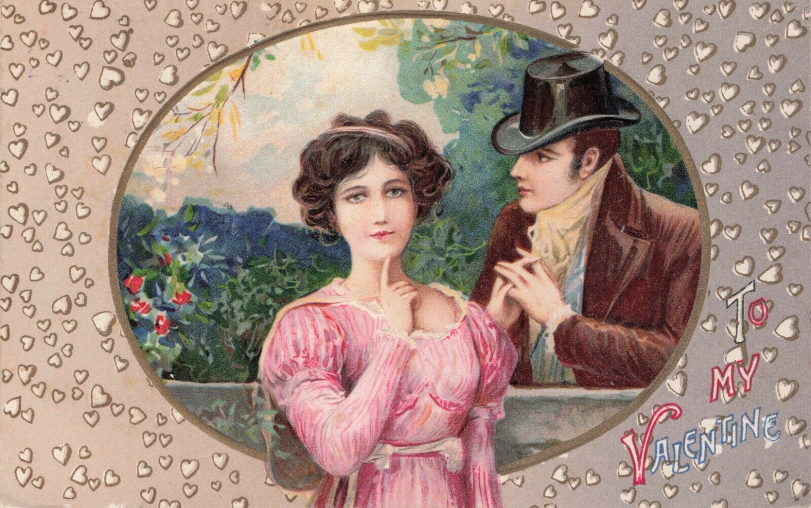 Artist Card Valentine Secret Lovers Meet at Fence  Winsch Back Vintage Postcard