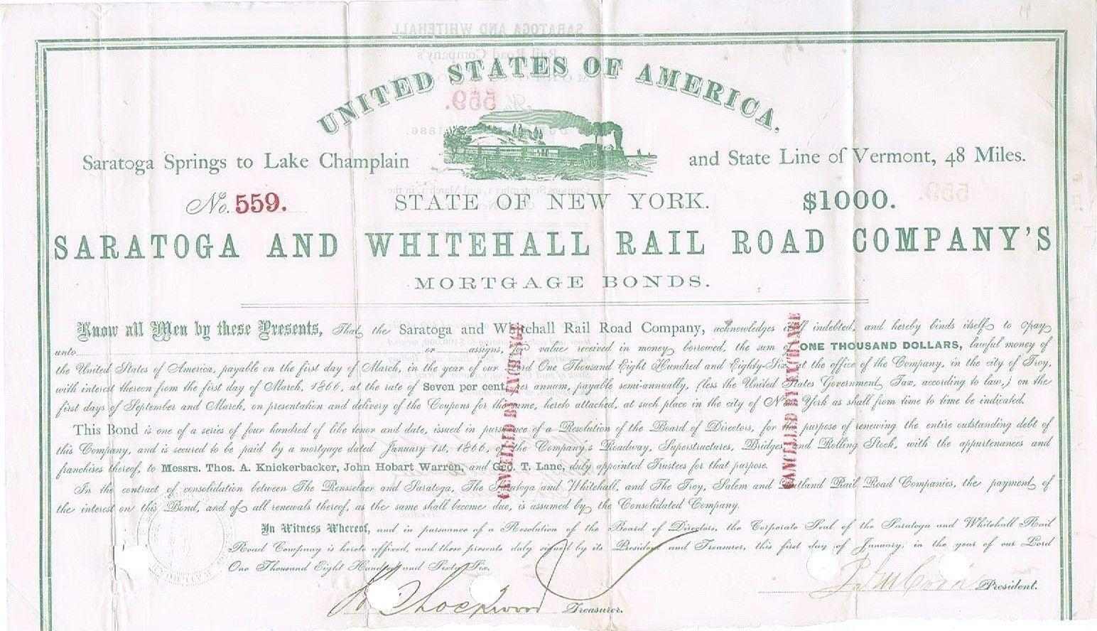 Saratoga and Whitehall Railroad Mortgage Bond, 1855, Due 1886