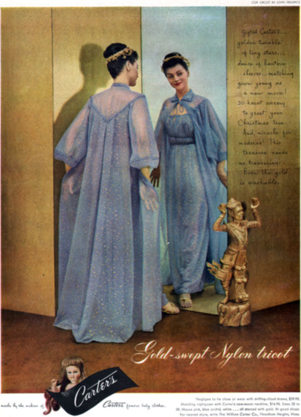 Carter\'s Blue Gold Swept Nylon Negligee NIGHTGOWN John Frederics 1951 Print Ad