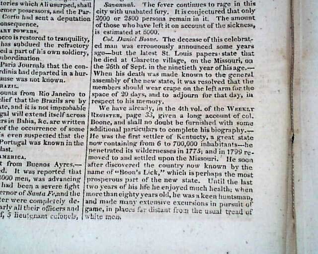 Col. DANIEL BOONE Kentucky Pioneer Frontiersman Folk Hero DEATH 1820 Newspaper