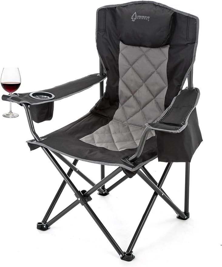 New Portable Folding Camping Quad Chair w/ 6-Can Cooler, Cup& Wine Glass Holders