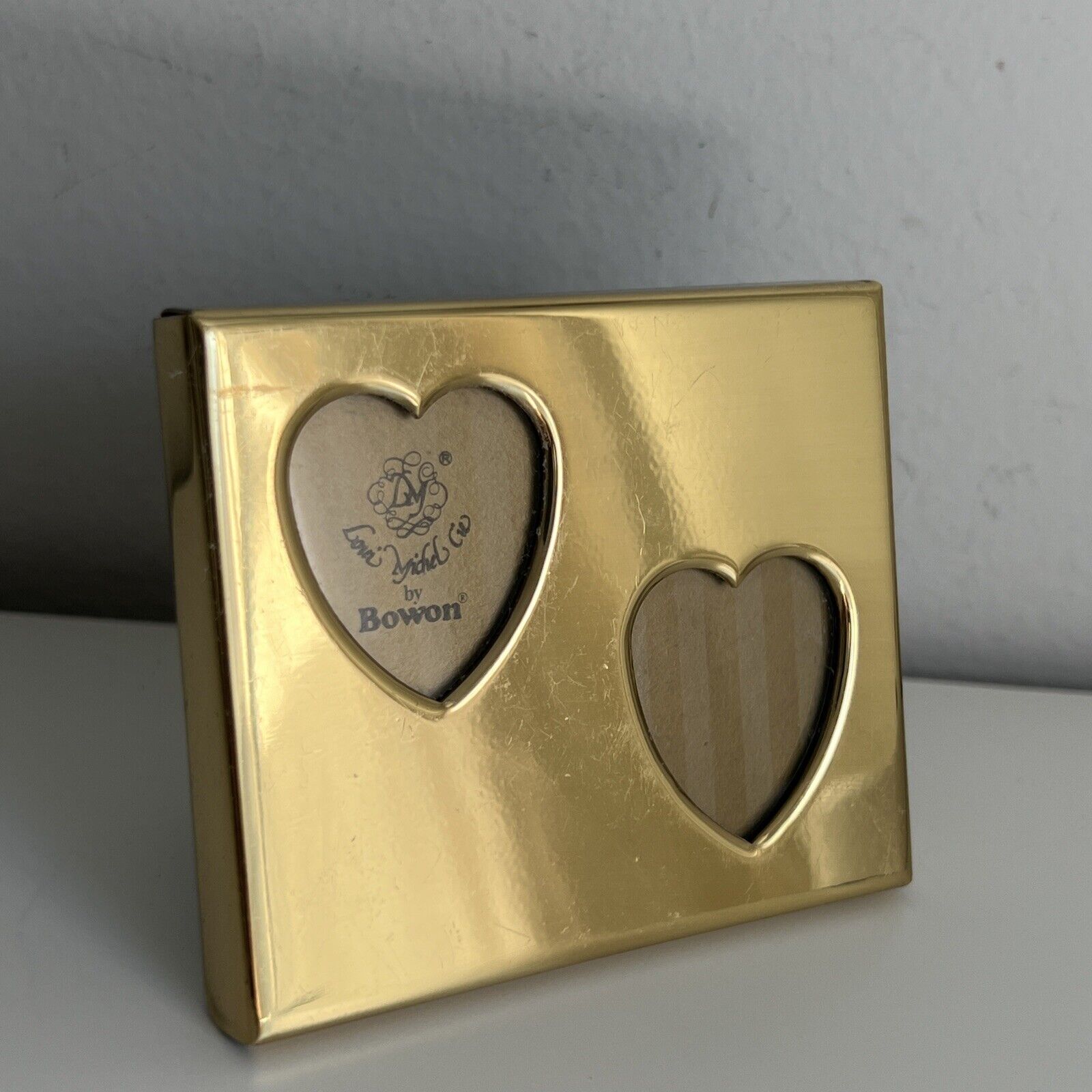 Vintage Bowon Loui Michel Cie Double Heart Brass Easel Photo Frame Gold Metal 3\