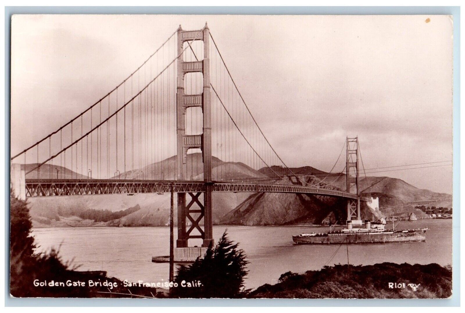 San Francisco California CA Postcard RPPC Photo Golden Gate Bridge Ship c1940's