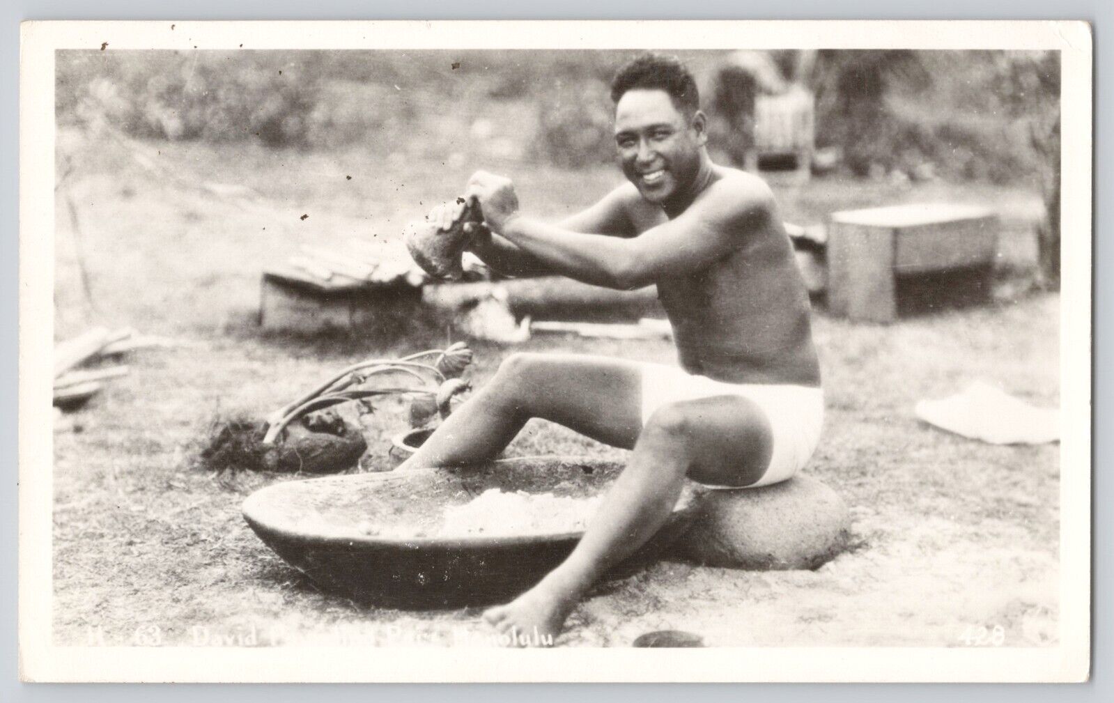 Postcard RPPC Hawaii Honolulu David Mashing Taro Making Poi Vintage 1948